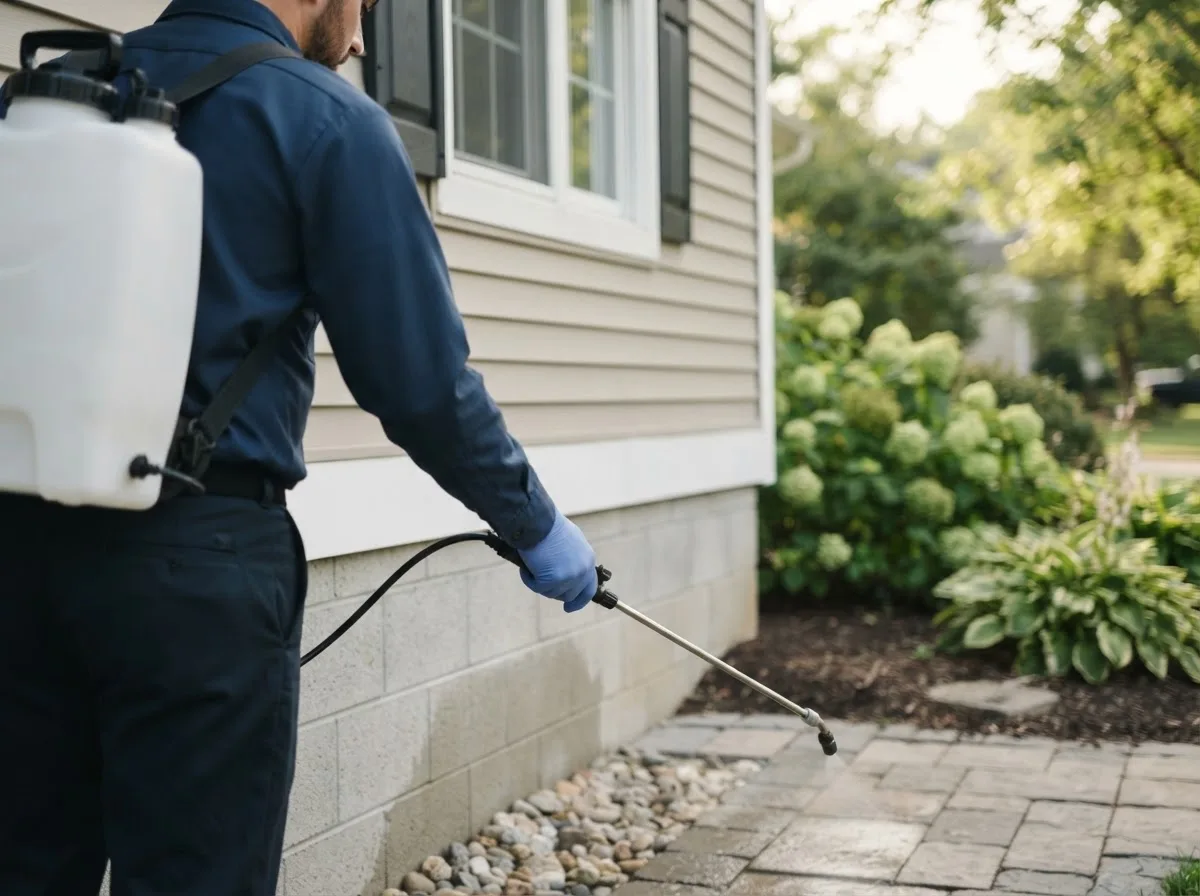 Pest control technician inspecting a home in Camden, ME
